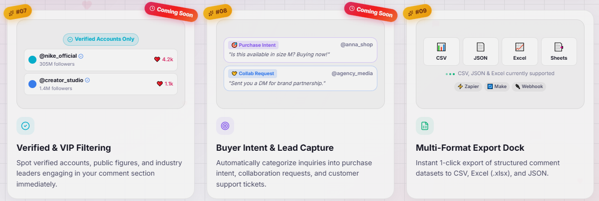 Analytics Social Verified VIP Filtering, Buyer Intent & Lead Capture, and Multi-Format Export Dock
